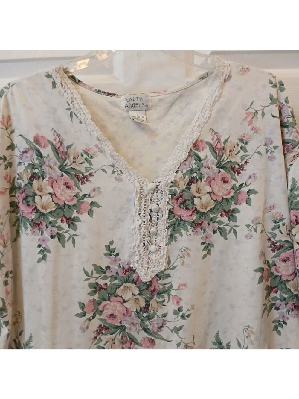 Earth Angels Floral Nightgown Large 100% Cotton Lace Trim VTG Made Hong Kong D33 - Picture 6 of 6